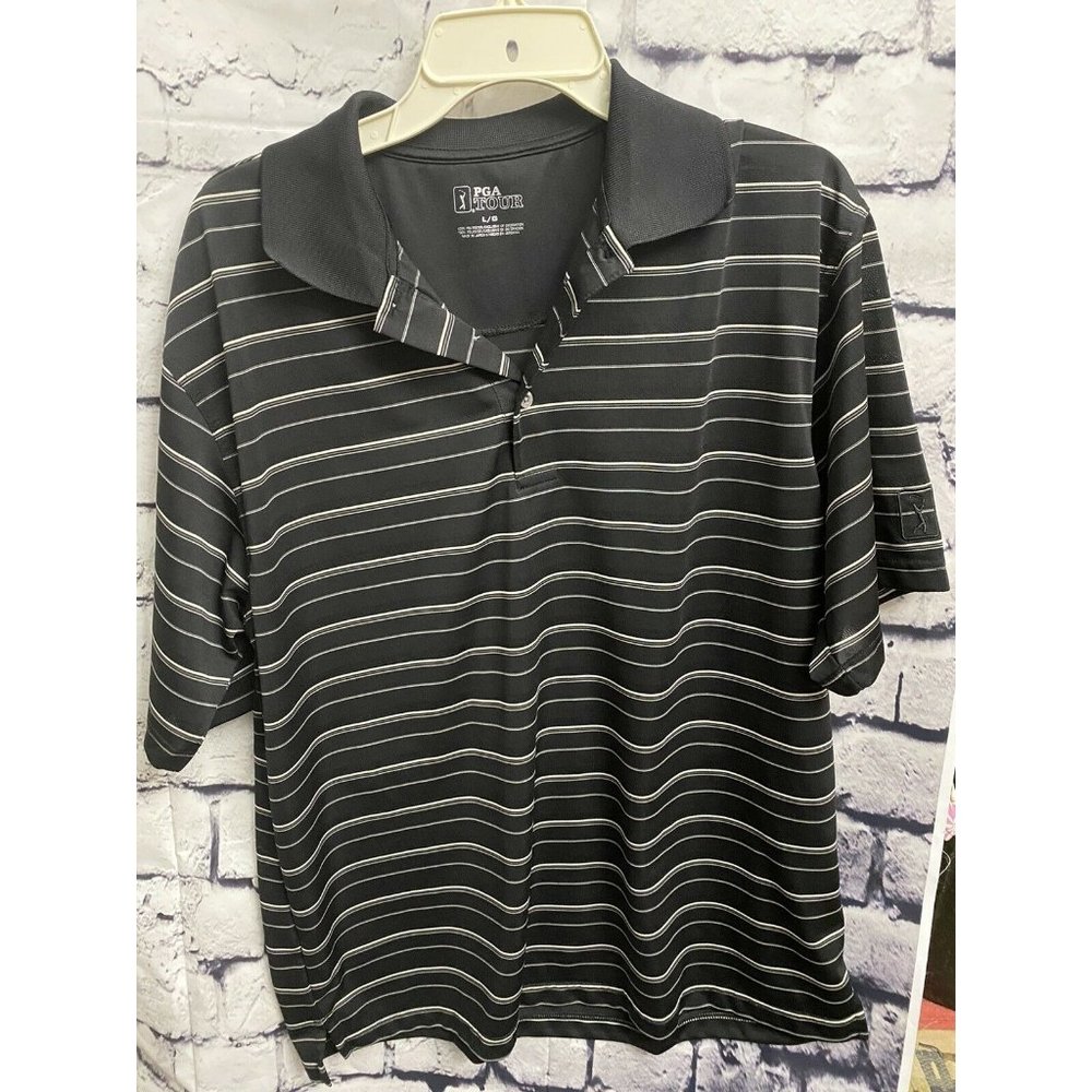 PGA‎ Tour Mens Black White Stripes Polo Golf Shirt SIZE LARGE